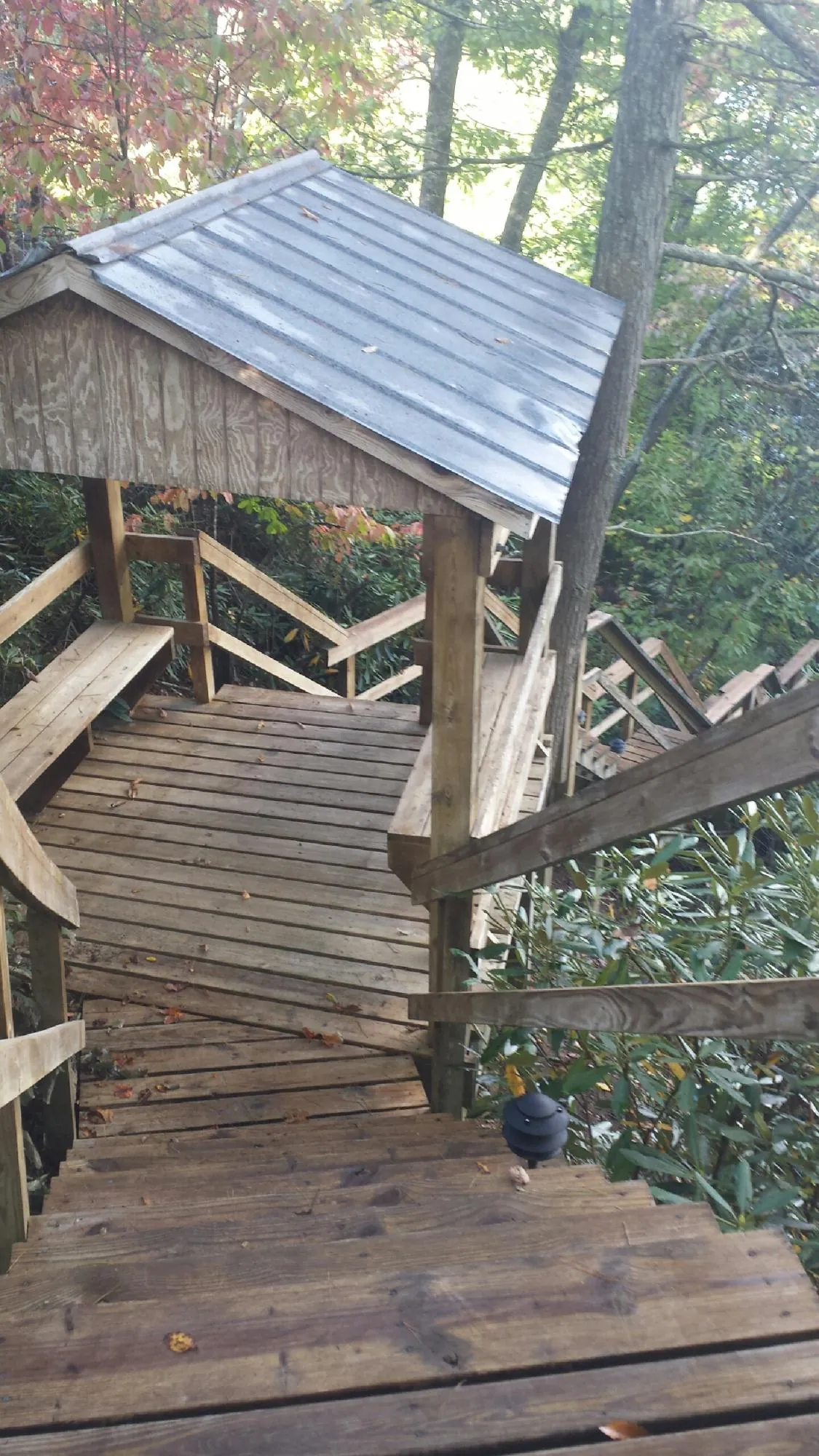 Metal roofed shelter over wooden steps on a wooded walkway — Skylight Repair & Installation work by our crew in Port Clinton